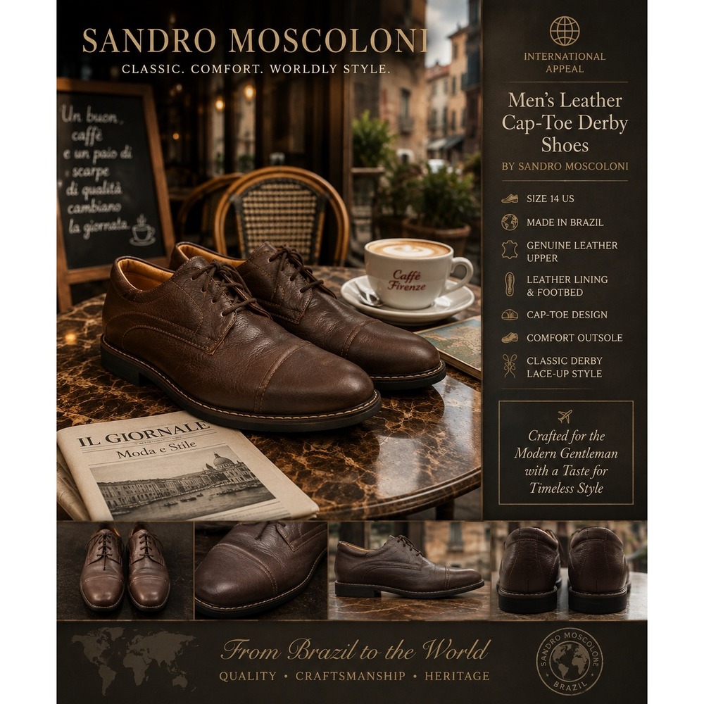 Sandro Moscoloni Men's Brown Leather Cap-Toe Derby Shoes Size 14 Made in Brazil